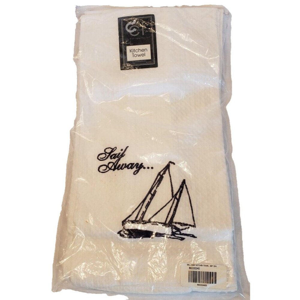 Kitchen Towel Gift Set of 4 Waffle White Cotton Embroidered Nautical Sail Boat